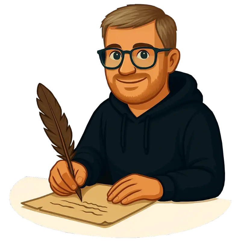 Illustration of Christian Olear (Otsch) writing with a quill on parchment.