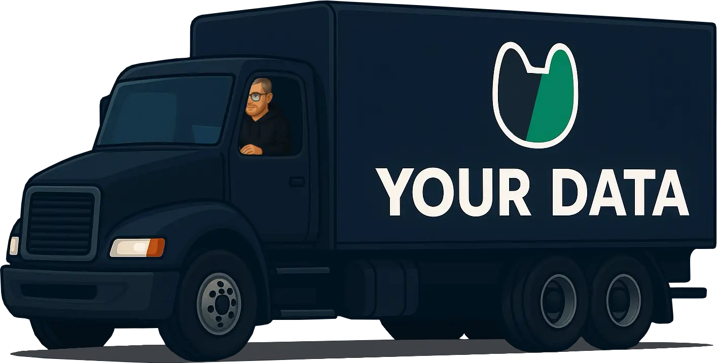 Illustration of Christian Olear (Otsch) driving a black truck labeled "YOUR DATA" with the crwl.io logo on the side.