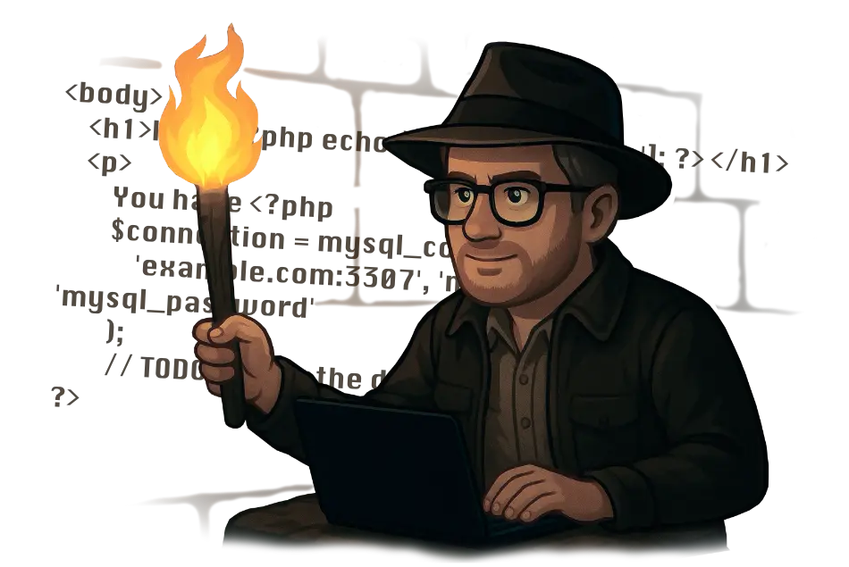 Illustration of Christian Olear (Otsch) dressed as Indiana Jones, holding a torch and working on a laptop in front of ancient PHP code.