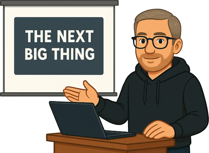 Illustration of Christian Olear (Otsch) standing at a lectern, giving a presentation.