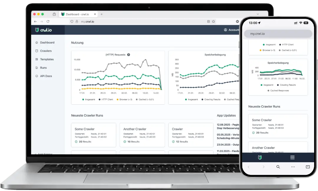 Picture of the crwl.io web app opened on a laptop and a smartphone