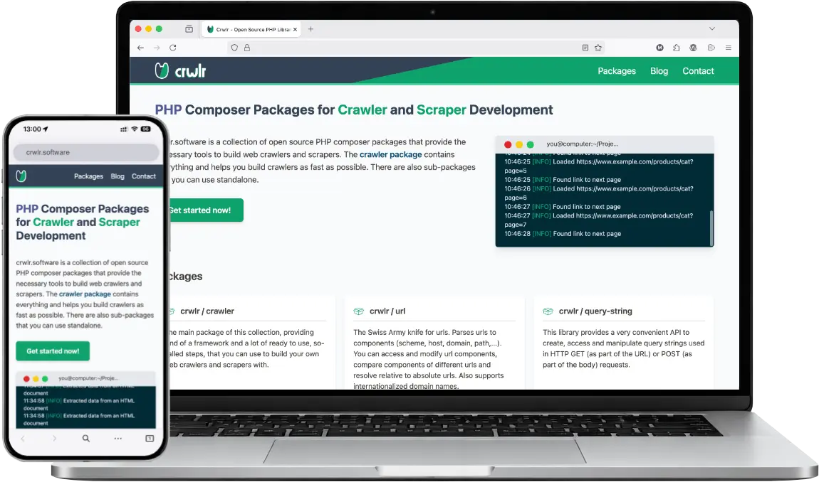 Picture of the crwlr.software website opened on a laptop and a smartphone